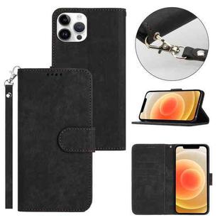 For iPhone 12 Pro Dual-Fold Stripe Texture Buckle Leather Phone Case(Black)