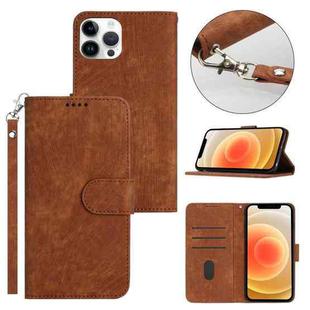 For iPhone 12 Pro Max Dual-Fold Stripe Texture Buckle Leather Phone Case(Brown)