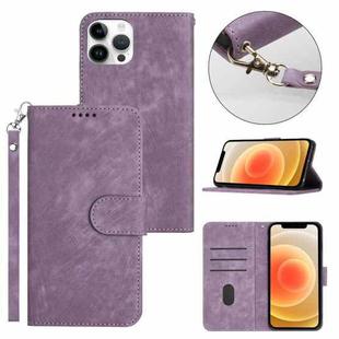 For iPhone 12 Pro Max Dual-Fold Stripe Texture Buckle Leather Phone Case(Purple)