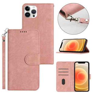 For iPhone 12 Pro Max Dual-Fold Stripe Texture Buckle Leather Phone Case(Pink)