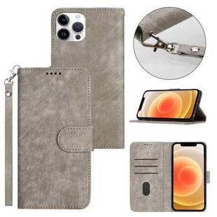 For iPhone 12 Pro Max Dual-Fold Stripe Texture Buckle Leather Phone Case(Grey)