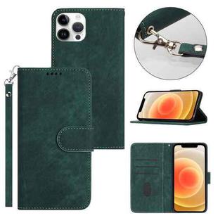 For iPhone 12 Pro Max Dual-Fold Stripe Texture Buckle Leather Phone Case(Green)