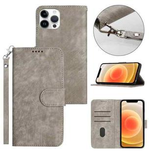 For iPhone 11 Pro Max Dual-Fold Stripe Texture Buckle Leather Phone Case(Grey)