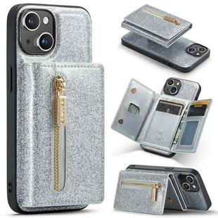 For iPhone 14 Plus DG.MING M3 Series Glitter Powder Card Bag Leather Case(Silver)