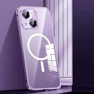 For iPhone 14 MagSafe Spring Buckle Metal Transparent Phone Case with Lens Protection(Dark Purple)