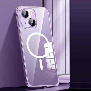 For iPhone 14 Plus MagSafe Spring Buckle Metal Transparent Phone Case with Lens Protection(Dark Purple)