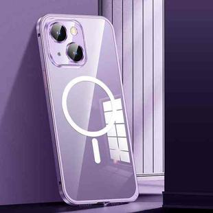 For iPhone 13 MagSafe Spring Buckle Metal Transparent Phone Case with Lens Protection(Dark Purple)