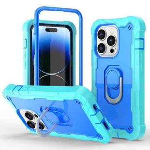 For iPhone 14 Pro Max Two-color Ring Holder Phone Case(Mint Green + Blue)