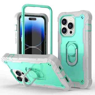 For iPhone 14 Pro Max Two-color Ring Holder Phone Case(Grey White + Mint Green)