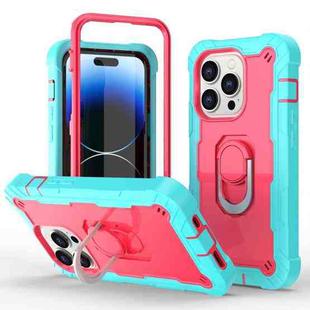 For iPhone 14 Pro Two-color Ring Holder Phone Case(Mint Green + Rose Red)