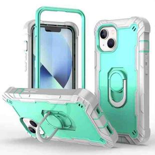 For iPhone 14 Two-color Ring Holder Phone Case(Grey White + Mint Green)