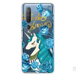 For Xiaomi Mi 10 5G Shockproof Painted Transparent TPU Protective Case(Blue Flower Unicorn)