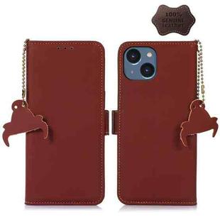 For iPhone 14 Plus Genuine Leather Magnetic RFID Leather Phone Case(Coffee)
