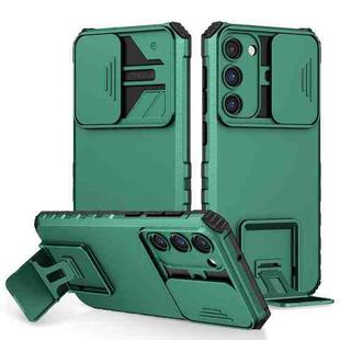 For Samsung Galaxy S23 5G Stereoscopic Holder Sliding Camshield Phone Case(Dark Green)