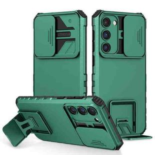 For Samsung Galaxy S23+ 5G Stereoscopic Holder Sliding Camshield Phone Case(Dark Green)