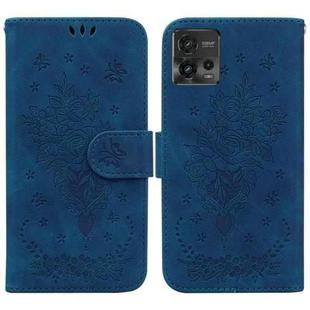 For Motorola Moto G72 Butterfly Rose Embossed Leather Phone Case(Blue)