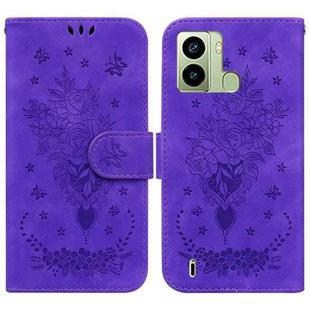 For Tecno Pop 6 Fingerprint Butterfly Rose Embossed Leather Phone Case(Purple)
