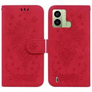 For Tecno Pop 6 Fingerprint Butterfly Rose Embossed Leather Phone Case(Red)