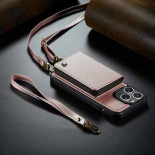 For iPhone 14 JEEHOOD C22 Series Zipper Wallet Phone Case with Long and Short Lanyard(Rose Gold)