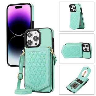 For iPhone 14 Pro Max Rhombic Texture RFID Phone Case with Lanyard & Mirror(Mint Green)