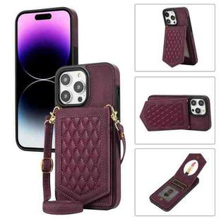 For iPhone 14 Pro Max Rhombic Texture RFID Phone Case with Lanyard & Mirror(Wine Red)