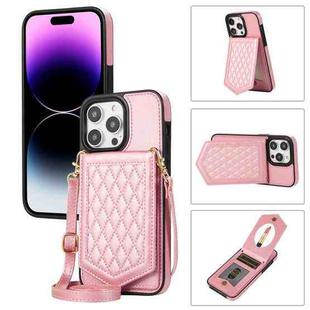 For iPhone 14 Pro Rhombic Texture RFID Phone Case with Lanyard & Mirror(Rose Gold)