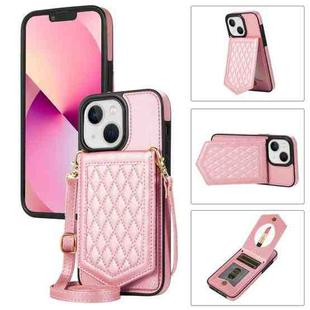 For iPhone 14 Plus Rhombic Texture RFID Phone Case with Lanyard & Mirror(Rose Gold)