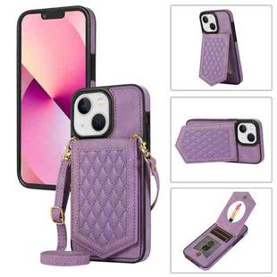 For iPhone 14 Plus Rhombic Texture RFID Phone Case with Lanyard & Mirror(Purple)