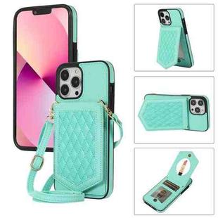 For iPhone 13 Pro Max Rhombic Texture RFID Phone Case with Lanyard & Mirror(Mint Green)