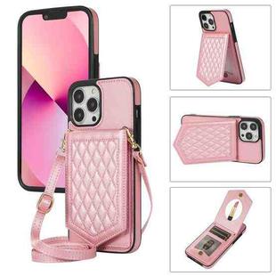 For iPhone 13 Pro Max Rhombic Texture RFID Phone Case with Lanyard & Mirror(Rose Gold)