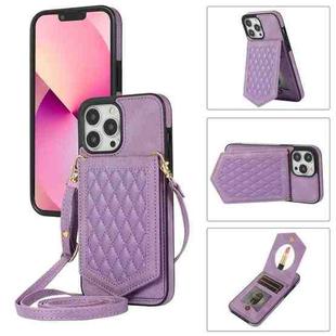 For iPhone 13 Pro Max Rhombic Texture RFID Phone Case with Lanyard & Mirror(Purple)