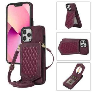 For iPhone 13 Pro Max Rhombic Texture RFID Phone Case with Lanyard & Mirror(Wine Red)