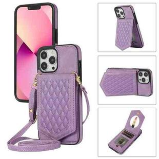For iPhone 13 Pro Rhombic Texture RFID Phone Case with Lanyard & Mirror(Purple)