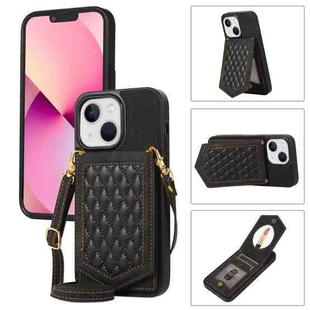 For iPhone 13 Rhombic Texture RFID Phone Case with Lanyard & Mirror(Black)