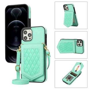 For iPhone 12 Pro Max Rhombic Texture RFID Phone Case with Lanyard & Mirror(Mint Green)