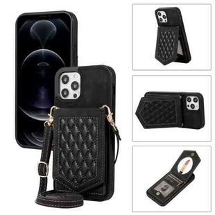 For iPhone 12 Pro Max Rhombic Texture RFID Phone Case with Lanyard & Mirror(Black)