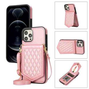 For iPhone 12 / 12 Pro Rhombic Texture RFID Phone Case with Lanyard & Mirror(Rose Gold)