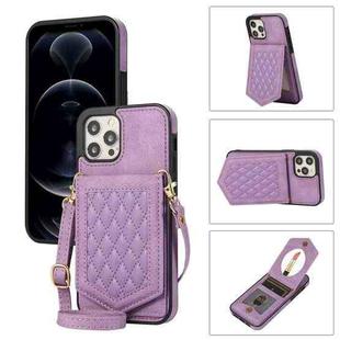 For iPhone 12 / 12 Pro Rhombic Texture RFID Phone Case with Lanyard & Mirror(Purple)