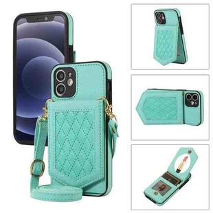For iPhone 12 mini Rhombic Texture RFID Phone Case with Lanyard & Mirror(Mint Green)