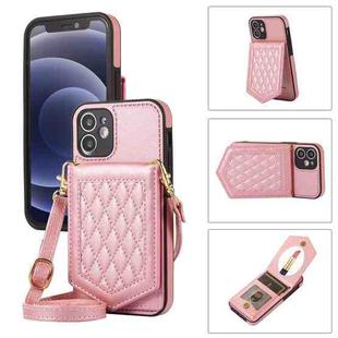 For iPhone 12 mini Rhombic Texture RFID Phone Case with Lanyard & Mirror(Rose Gold)