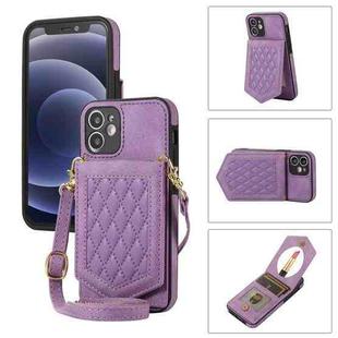 For iPhone 12 mini Rhombic Texture RFID Phone Case with Lanyard & Mirror(Purple)