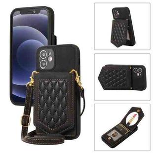 For iPhone 12 mini Rhombic Texture RFID Phone Case with Lanyard & Mirror(Black)