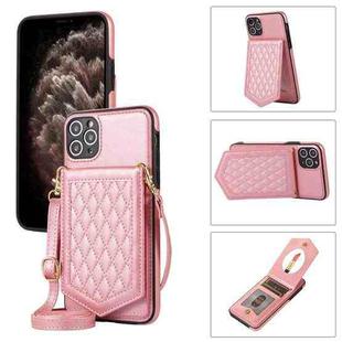 For iPhone 11 Pro Max Rhombic Texture RFID Phone Case with Lanyard & Mirror(Rose Gold)