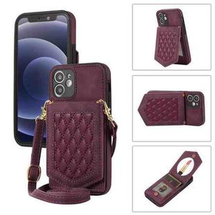 For iPhone 11 Rhombic Texture RFID Phone Case with Lanyard & Mirror(Wine Red)