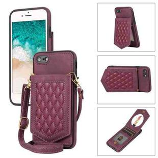 For iPhone SE 2022 / SE 2020 / 8 / 7 Rhombic Texture RFID Phone Case with Lanyard & Mirror(Wine Red)