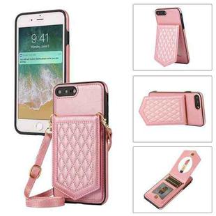 For iPhone 8 Plus / 7 Plus Rhombic Texture RFID Phone Case with Lanyard & Mirror(Rose Gold)