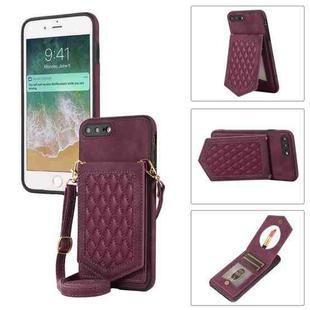 For iPhone 8 Plus / 7 Plus Rhombic Texture RFID Phone Case with Lanyard & Mirror(Wine Red)