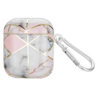 For AirPods 1 / 2 Electroplate Marble Pattern Wireless Earphone Protective Case with Hook(Light Pink Grey)