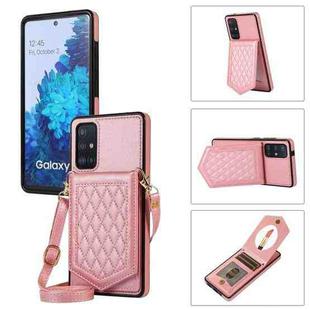 For Samsung Galaxy A51 4G Rhombic Texture RFID Phone Case with Lanyard & Mirror(Rose Gold)