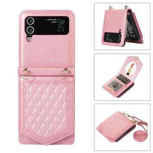 For Samsung Galaxy Z Flip4 5G Rhombic Texture RFID Phone Case with Lanyard & Mirror(Rose Gold)